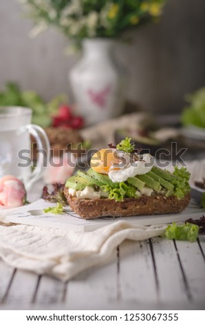 Homemade avocado poached egg sandwich wholegrain bread, food photography
