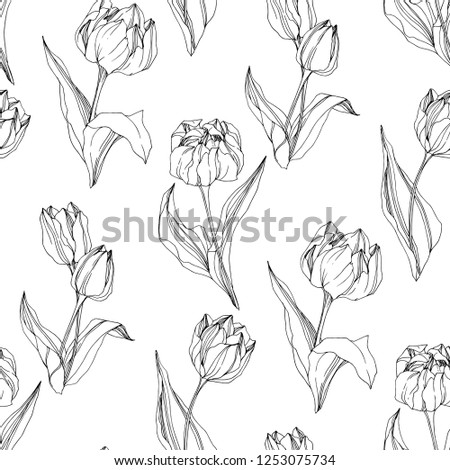Vector Tulip black and white engraved ink art. Floral botanical flower. Wild spring leaf wildflower isolated. Seamless background pattern. Fabric wallpaper print texture.