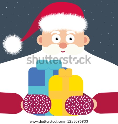 Santa Claus holding Christmas gifts. Greeting card. Poster with Santa gives gifts for decoration design. White background. Funny santa claus. Cute cartoon people. Celebration concept. Blank postcard.