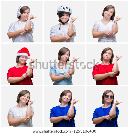Collage of young woman with down syndrome over isolated background with a big smile on face, pointing with hand and finger to the side looking at the camera.