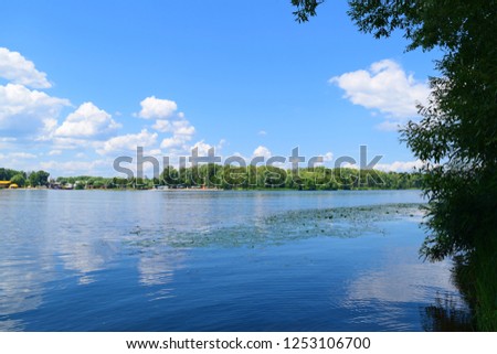 Beautiful wide river near the green nature in summer
