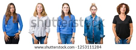 Collage of group of beautiful women over white isolated background making fish face with lips, crazy and comical gesture. Funny expression.