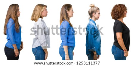 Collage of group of beautiful women over white isolated background looking to side, relax profile pose with natural face with confident smile.