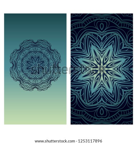 Invitation or Card template with floral mandala pattern. For Wedding, greeting cards, Birthday Invitation. The front and rear side. Vector illustration.