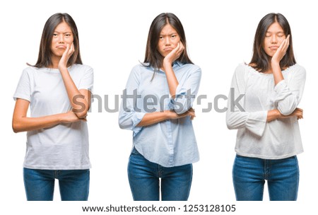 Collage of asian young woman standing over white isolated background thinking looking tired and bored with depression problems with crossed arms.