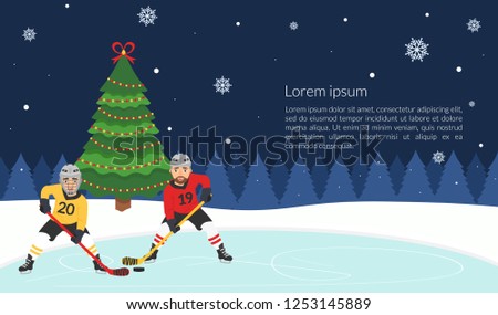 New year's banner. A poster with the hockey players of the Christmas tree. Vector illustration in modern flat style.