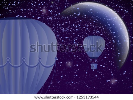 Large balloon on a dark night cosmic background with planets and bright stars. Fantasy. Vector illustration