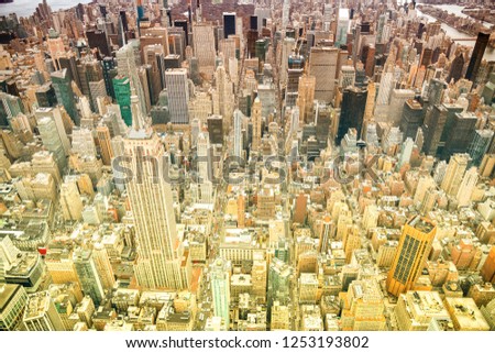 Helicopter view of Midtown Manhattan skyscrapers, New York City.