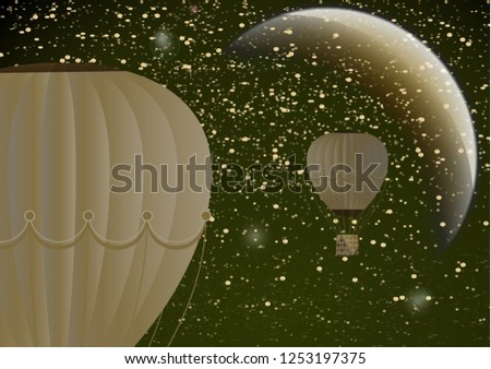 Large balloon on a dark night cosmic background with planets and bright stars. Fantasy. Vector illustration