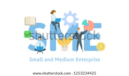 SME, Small and Medium Enterprise. Concept with people, letters and icons. Colored flat vector illustration on white background.
