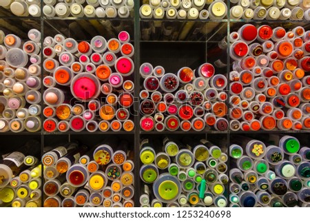 Variety of sewing buttons for sale at textile shop