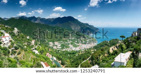 Panoramic view of mountain by sea; Cinque Terre; Italy