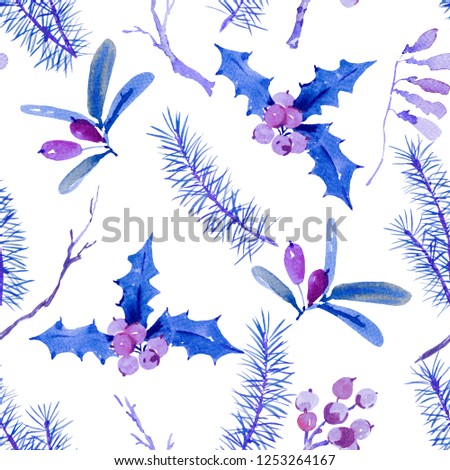 Winter watercolor Christmas seamless pattern with tree branches and berries. Natural hand painted illustration on white background, New Year decoration