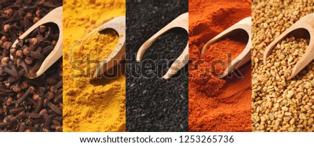 Collage of condiments with sorting spoons. Clove, turmeric, black cumin, paprika and fenugreek on market showcase, panorama, closeup
