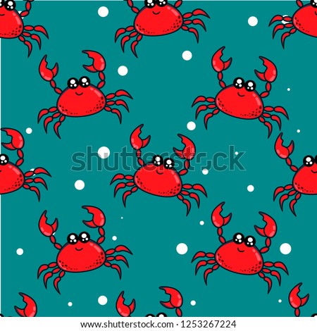 Cute kids crab pattern for girls and boys. Colorful crab on the abstract bright pattern create a fun cartoon drawing. The background is made in colors. Urban crab pattern for textile Royalty-Free Stock Photo #1253267224