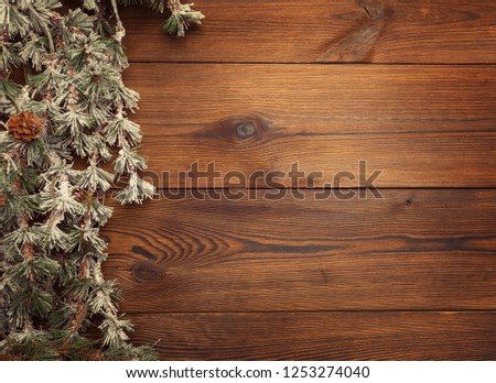 Christmas composion frame with empty space for design text new year tree decorations on vintage wooden table background