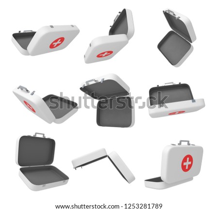 3d rendering set of an open empty medical box isolated on white background. Healthcare industry. Medical supplies. Medicine and drugs.