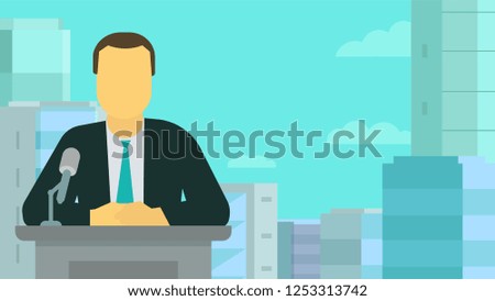 News release. TV presenter political news. Man making speech. Microphone on the rostrum. Background blue panorama city.