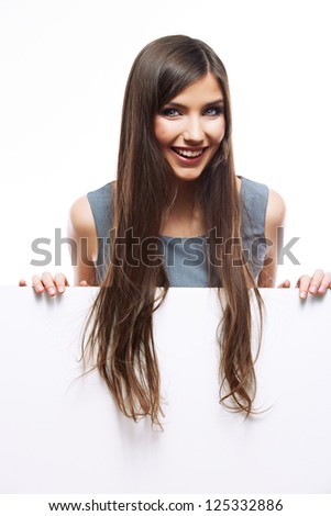 Smile Business woman portrait with blank board isolated white background . Female model with long hair.