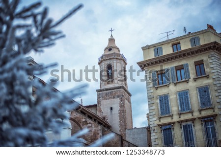 Artificial snow covered fir-tree in the city Marseilles. Branch of fir tree covered with snow, close up. sharp frosts. fabulous light and colorful picture