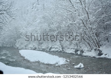 Beautiful river in the forest on cold winter day. 