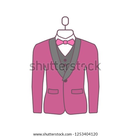 Wedding tuxedo color icon. Jacket with bow tie. Mens formal wear. Menswear. Men’s suit on mannequin. Atelier. Isolated vector illustration