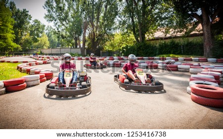 Go kart speed drive race sport contest Royalty-Free Stock Photo #1253416738
