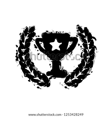 Champions cup with laurel wreath and star. Simple icon. Black ink with splashes on white background
