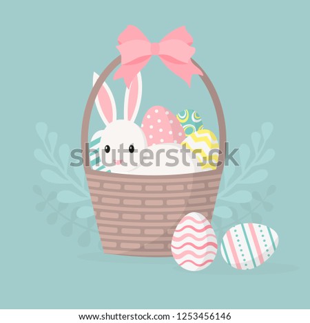 Happy easter greeting card, poster with cute bunny. Rabbit and basket with easter eggs. Vector illustration.