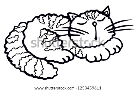Cute sleeping cat. Black and white vector for coloring, for card or gift. 