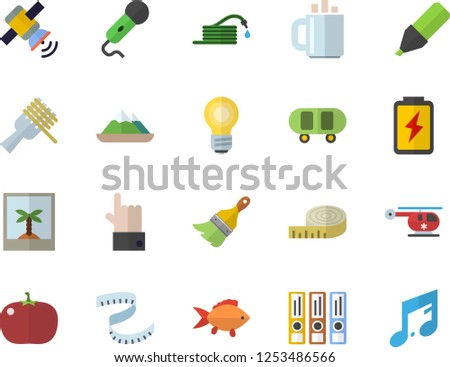 Color flat icon set paint brush flat vector, fish, spaghetti on a fork, tomato, hose, battery, marker, helicopter, coffee, satellit, bulb, folders for papers, skateboard, centimeter, photo fector