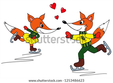 Cute fox girl and a fox boy are ice skating. Colored vector for card or gift. 