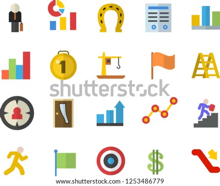 Color flat icon set ladder flat vector, Entrance door, horseshoe, crane, target audience, dollar, statistics, scatter chart, flag, statistic, contract, businessman, career, medal, achievement, run