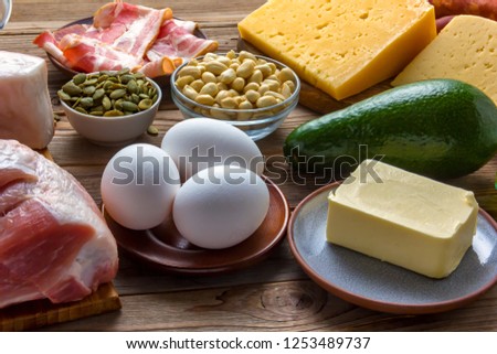 Keto diet concept. Keto diet food ingredients. Clouse up. Soft focus. Royalty-Free Stock Photo #1253489737