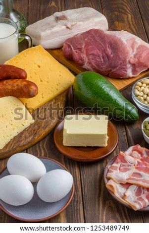 Keto, ketogenic diet, low carb, high good fat , healthy food. Clouse up. Royalty-Free Stock Photo #1253489749