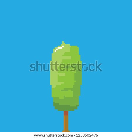 vector pixel style green tree isolated on blue sky background. pixel art concept design element