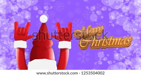 Vector Hipster Merry Christmas Rock n roll party horizontal banner or poster design . vector cartoon rock n roll Santa Claus character with calligraphic greeting text on violet snowy background