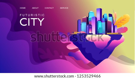 Vector horizontal illustration. Abstract landing page banner on the Internet for your use. Fantastic city.
