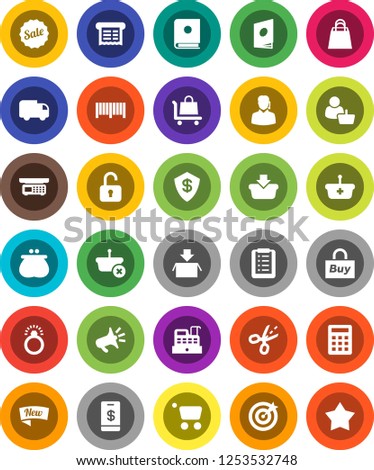 White Solid Icon Set- wallet vector, sale, new, shopping bag, customer, support, target, buy, barcode, cashbox, receipt, basket, cart, list, calculator, trolley, delivery, catalog, loudspeaker, star