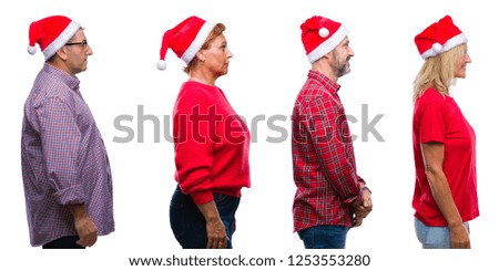 Collage of group of middle age and senior people wearing christmas hat over isolated background looking to side, relax profile pose with natural face with confident smile.
