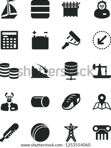 Solid Black Vector Icon Set - mercury thermometer vector, bath ball, paint roller, left bottom arrow, map, big data server, sushi, oil derrick, accumulator, power line, cloth industry, pipe, coins