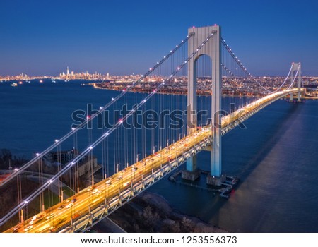 Aerial view of the evening rush hour traffic on Verrazzano Narrows Bridge, as viewed from Staten Island, NY