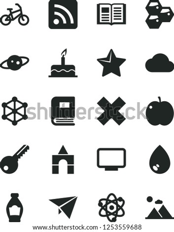 Solid Black Vector Icon Set - cross vector, rss feed, box of bricks, cake, key, star, book, drop, honeycombs, bottle, apple, monitor, cloud, atom, saturn, 3d cube, paper plane, bike, mountains