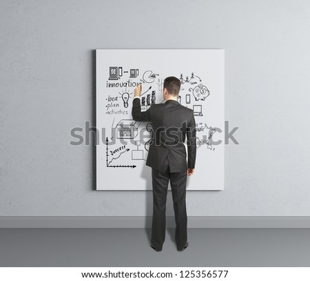 businessman drawing business strategy on board