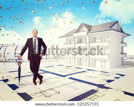 smiling businessman and 3d house with money rain