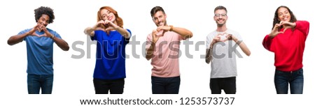 Composition of african american, hispanic and caucasian group of people over isolated white background smiling in love showing heart symbol and shape with hands. Romantic concept.