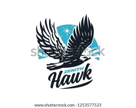 Bird of prey hawk with outstretched wings. Sun and clouds. Vector illustration.