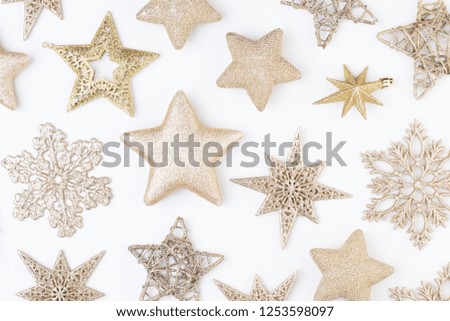 Christmas greeting card. Festive decoration on white wooden background. New Year concept. Copy space.  Flat lay. Top view.