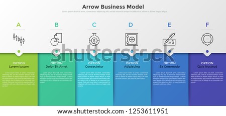 Six colorful rectangular elements, thin line pictograms, pointers and text boxes. Concept of arrow business model with 6 successive steps. Modern infographic design template. Vector illustration. Royalty-Free Stock Photo #1253611951