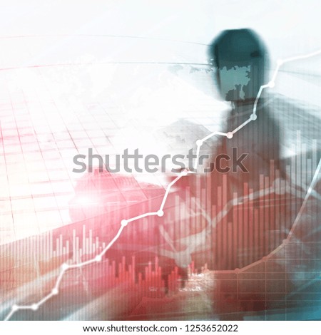 Business abstract background double exposure graph, chart and diagram. World wide map and. Global business and financial trading concept